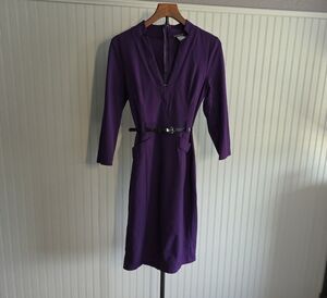 VENUS Purple Long Sleeve V-Neck Belted Sheath Dress